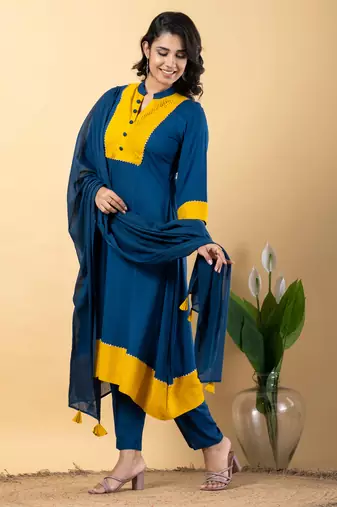 Blue bijiya work rayon a-line kurta with bottom & dupatta set