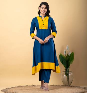 Blue bijiya work rayon a-line kurta with bottom & dupatta set 5