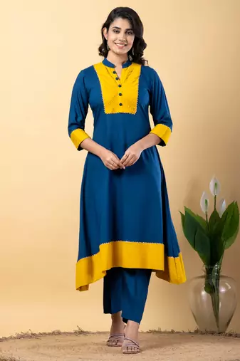 Blue bijiya work rayon a-line kurta with bottom & dupatta set
