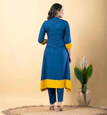 Blue bijiya work rayon a-line kurta with bottom & dupatta set 6