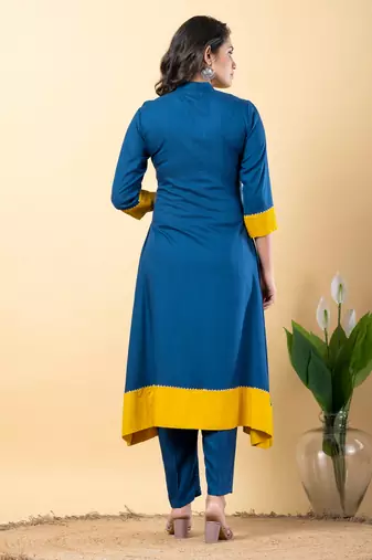 Blue bijiya work rayon a-line kurta with bottom & dupatta set