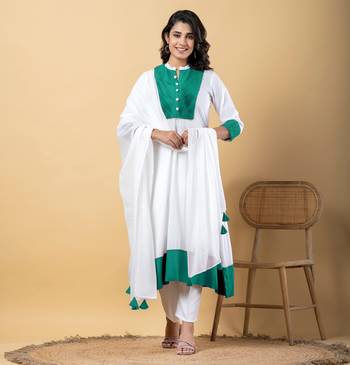 White bijiya work rayon a-line kurta with bottom & dupatta set 1