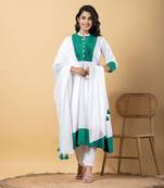 White bijiya work rayon a-line kurta with bottom & dupatta set