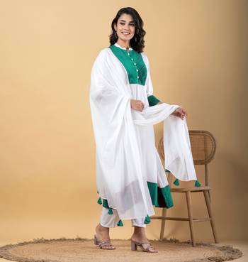 White bijiya work rayon a-line kurta with bottom & dupatta set 2