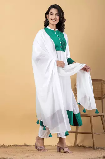 White bijiya work rayon a-line kurta with bottom & dupatta set