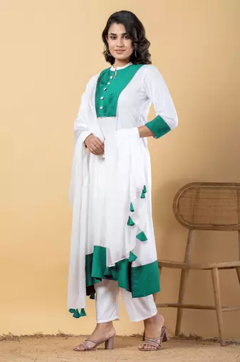 White bijiya work rayon a-line kurta with bottom & dupatta set