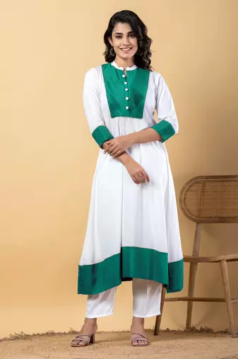 White bijiya work rayon a-line kurta with bottom & dupatta set