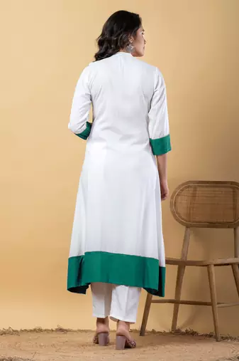 White bijiya work rayon a-line kurta with bottom & dupatta set