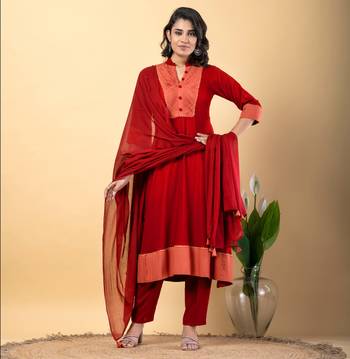 Red bijiya work rayon a-line kurta with bottom & dupatta set 1