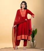 Red bijiya work rayon a-line kurta with bottom & dupatta set