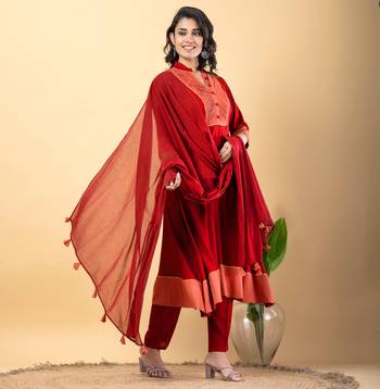 Red bijiya work rayon a-line kurta with bottom & dupatta set 2