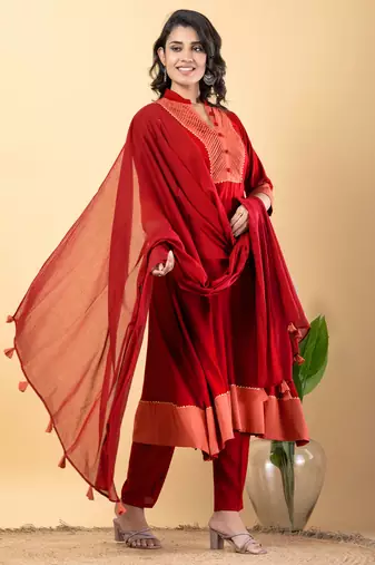 Red bijiya work rayon a-line kurta with bottom & dupatta set