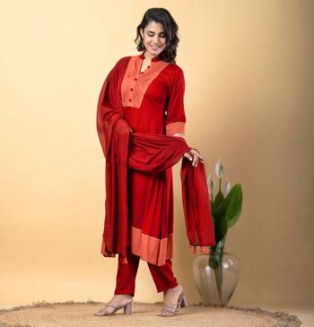 Red bijiya work rayon a-line kurta with bottom & dupatta set 3