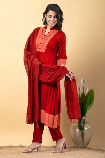 Red bijiya work rayon a-line kurta with bottom & dupatta set