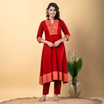 Red bijiya work rayon a-line kurta with bottom & dupatta set 4