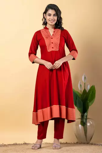 Red bijiya work rayon a-line kurta with bottom & dupatta set