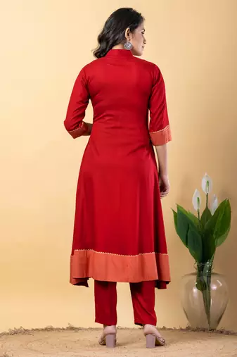 Red bijiya work rayon a-line kurta with bottom & dupatta set