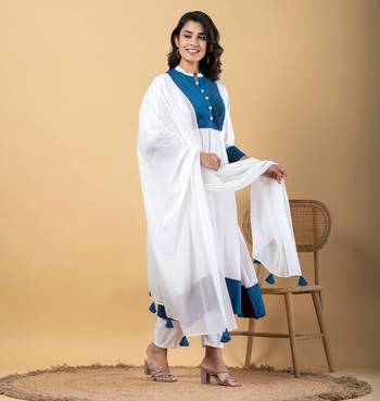 White bijiya work rayon a-line kurta with bottom & dupatta set 2