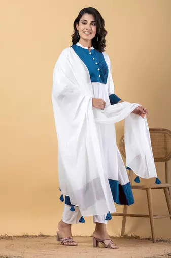 White bijiya work rayon a-line kurta with bottom & dupatta set