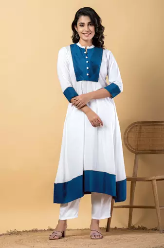 White bijiya work rayon a-line kurta with bottom & dupatta set