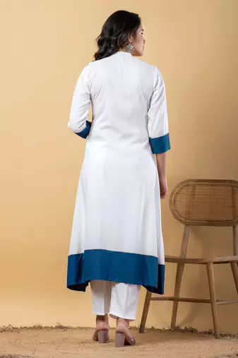 White bijiya work rayon a-line kurta with bottom & dupatta set
