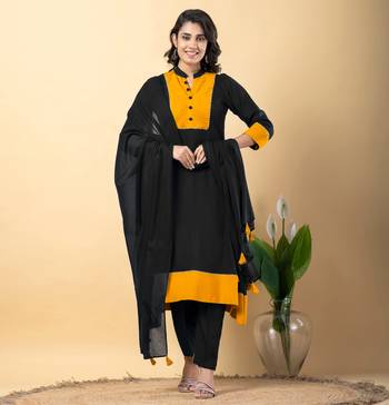 Black bijiya work rayon a-line kurta with bottom & dupatta set 1