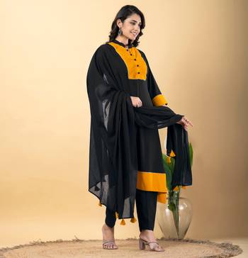 Black bijiya work rayon a-line kurta with bottom & dupatta set 2