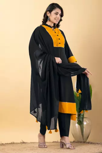 Black bijiya work rayon a-line kurta with bottom & dupatta set