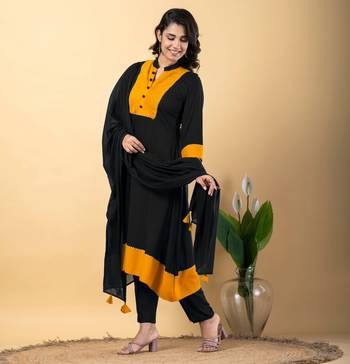 Black bijiya work rayon a-line kurta with bottom & dupatta set 3