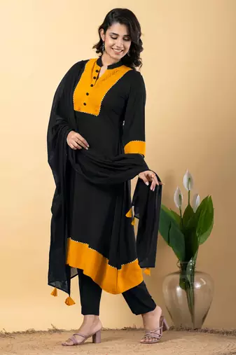 Black bijiya work rayon a-line kurta with bottom & dupatta set