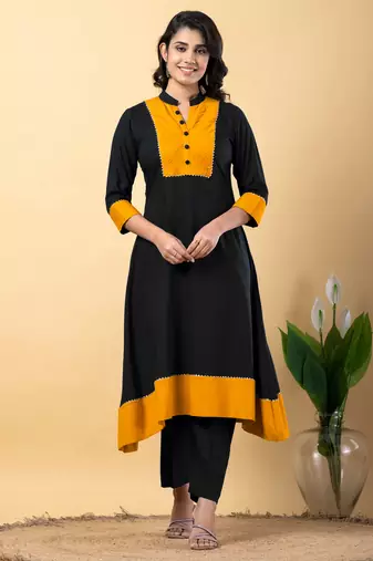 Black bijiya work rayon a-line kurta with bottom & dupatta set
