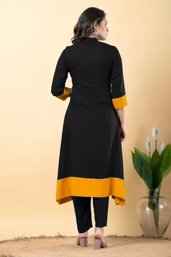 Black bijiya work rayon a-line kurta with bottom & dupatta set