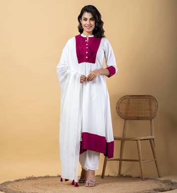 White bijiya work rayon a-line kurta with bottom & dupatta set 1
