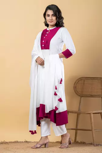 White bijiya work rayon a-line kurta with bottom & dupatta set