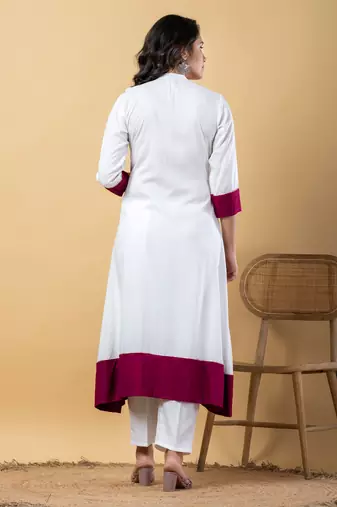 White bijiya work rayon a-line kurta with bottom & dupatta set