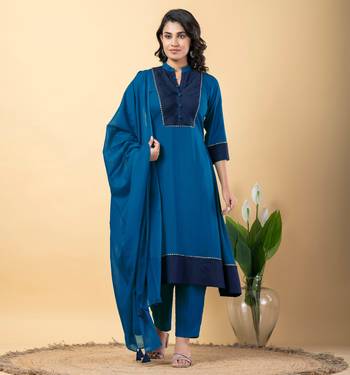 Blue bijiya work rayon a-line kurta with bottom & dupatta set 1