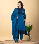 Blue bijiya work rayon a-line kurta with bottom & dupatta set