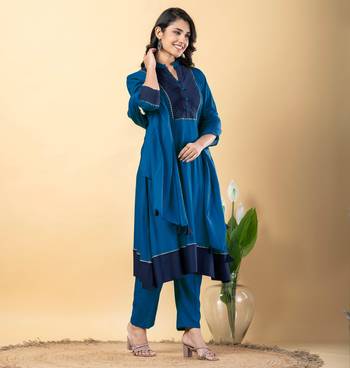 Blue bijiya work rayon a-line kurta with bottom & dupatta set 2
