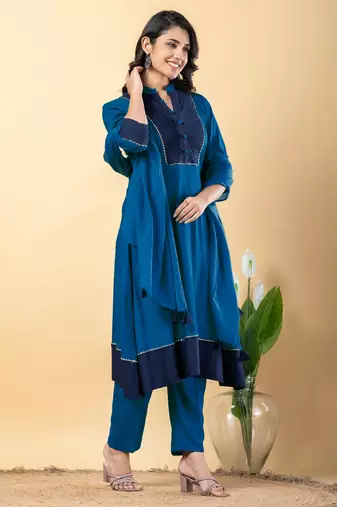 Blue bijiya work rayon a-line kurta with bottom & dupatta set