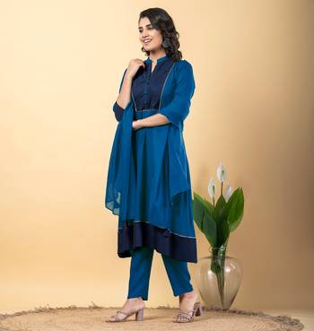 Blue bijiya work rayon a-line kurta with bottom & dupatta set 3