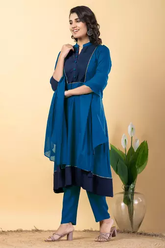 Blue bijiya work rayon a-line kurta with bottom & dupatta set