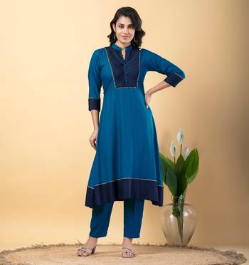 Blue bijiya work rayon a-line kurta with bottom & dupatta set 4