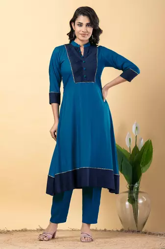 Blue bijiya work rayon a-line kurta with bottom & dupatta set