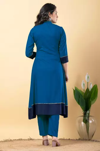 Blue bijiya work rayon a-line kurta with bottom & dupatta set