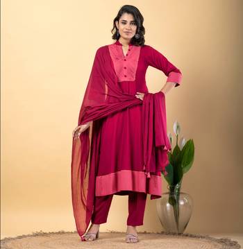 Pink bijiya work rayon a-line kurta with bottom & dupatta set 1