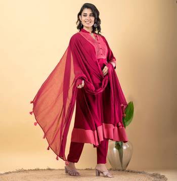 Pink bijiya work rayon a-line kurta with bottom & dupatta set 2