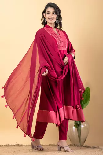 Pink bijiya work rayon a-line kurta with bottom & dupatta set