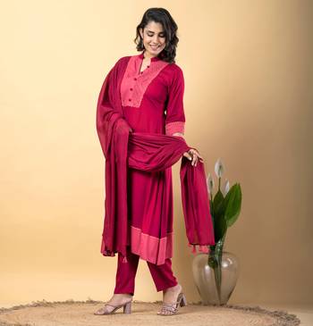 Pink bijiya work rayon a-line kurta with bottom & dupatta set 3