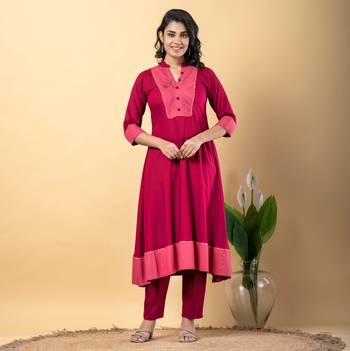 Pink bijiya work rayon a-line kurta with bottom & dupatta set 4