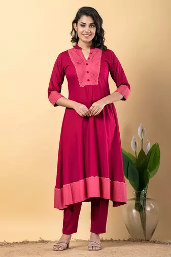 Pink bijiya work rayon a-line kurta with bottom & dupatta set